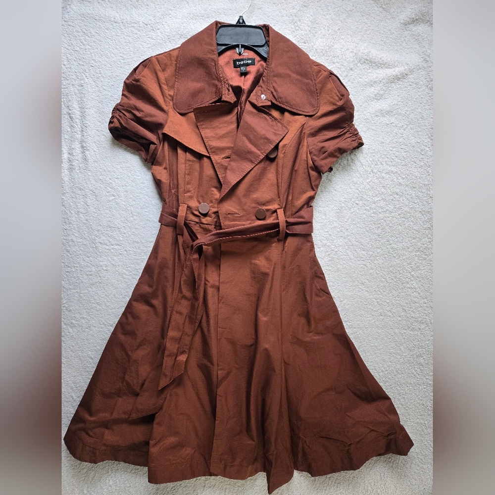 Vintage Bebe Y2K Rustic Brown Trench Coat Belted Short Sleeve Fit & Flare Sz S